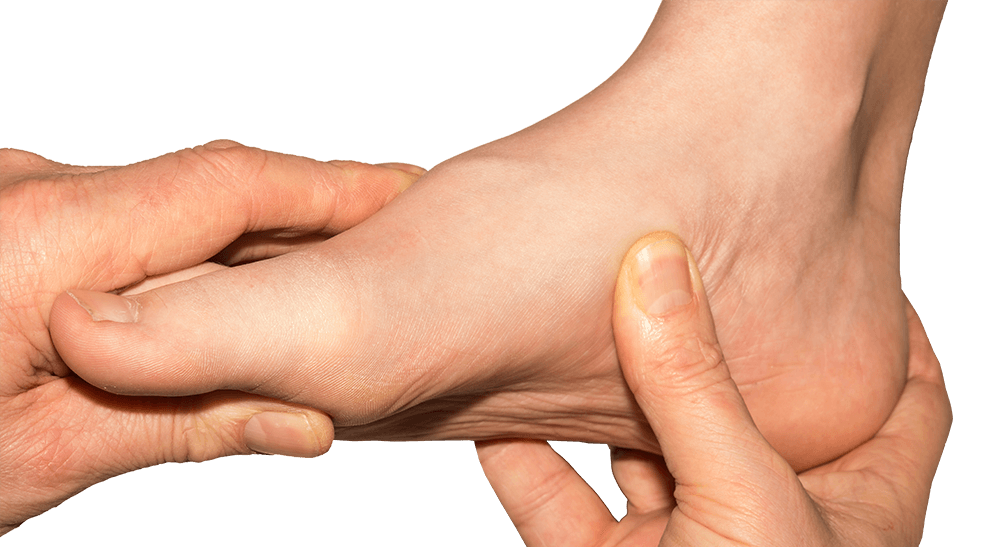 De aanhechting van de pees aan het bot aan de binnenkant van de voet is druk pijnlijk